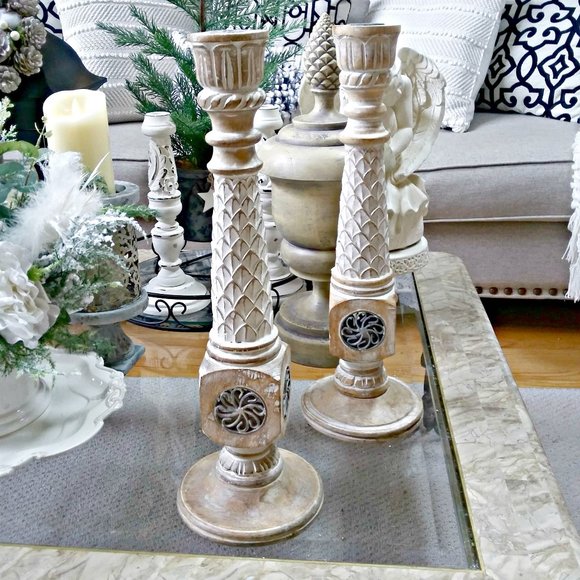 Pier 1 Other - Shabby DISTRESSED Wood CANDLE HOLDERS 18" Tall